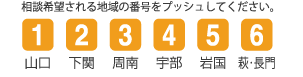 相談される地域の番号をプッシュしてください。1：山口 2：下関 3：周南 4：宇部 5：岩国 6：萩・長門